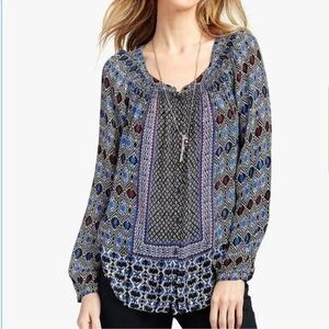Lucky Brand Gypsy Ikat Peasant Button Up Long Sleeve Rayon Blouse Plus Size 1X